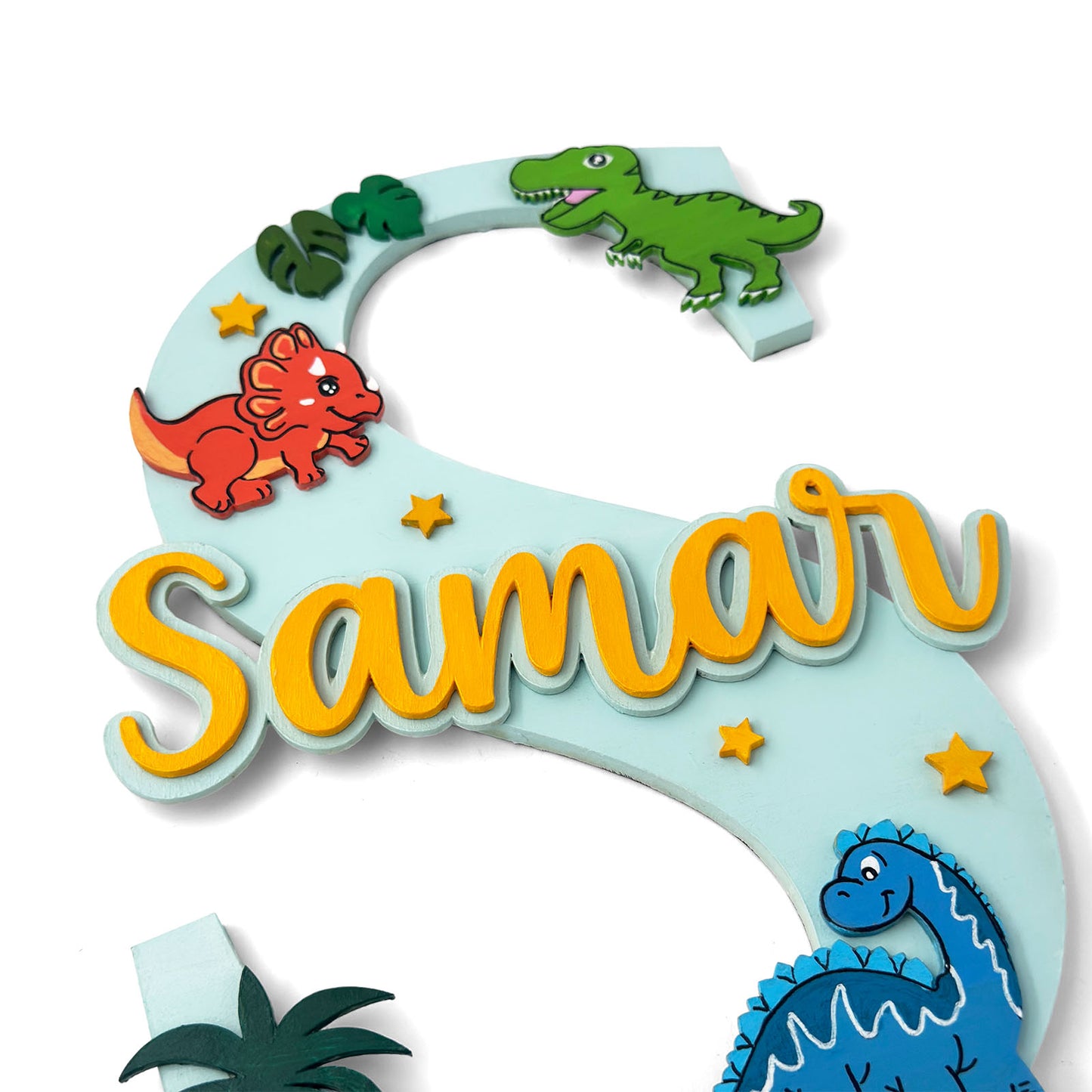 Dinosaur Themed Layered Alphabet Initial Hand-Painted Wooden Kids Name Plate Design 1
