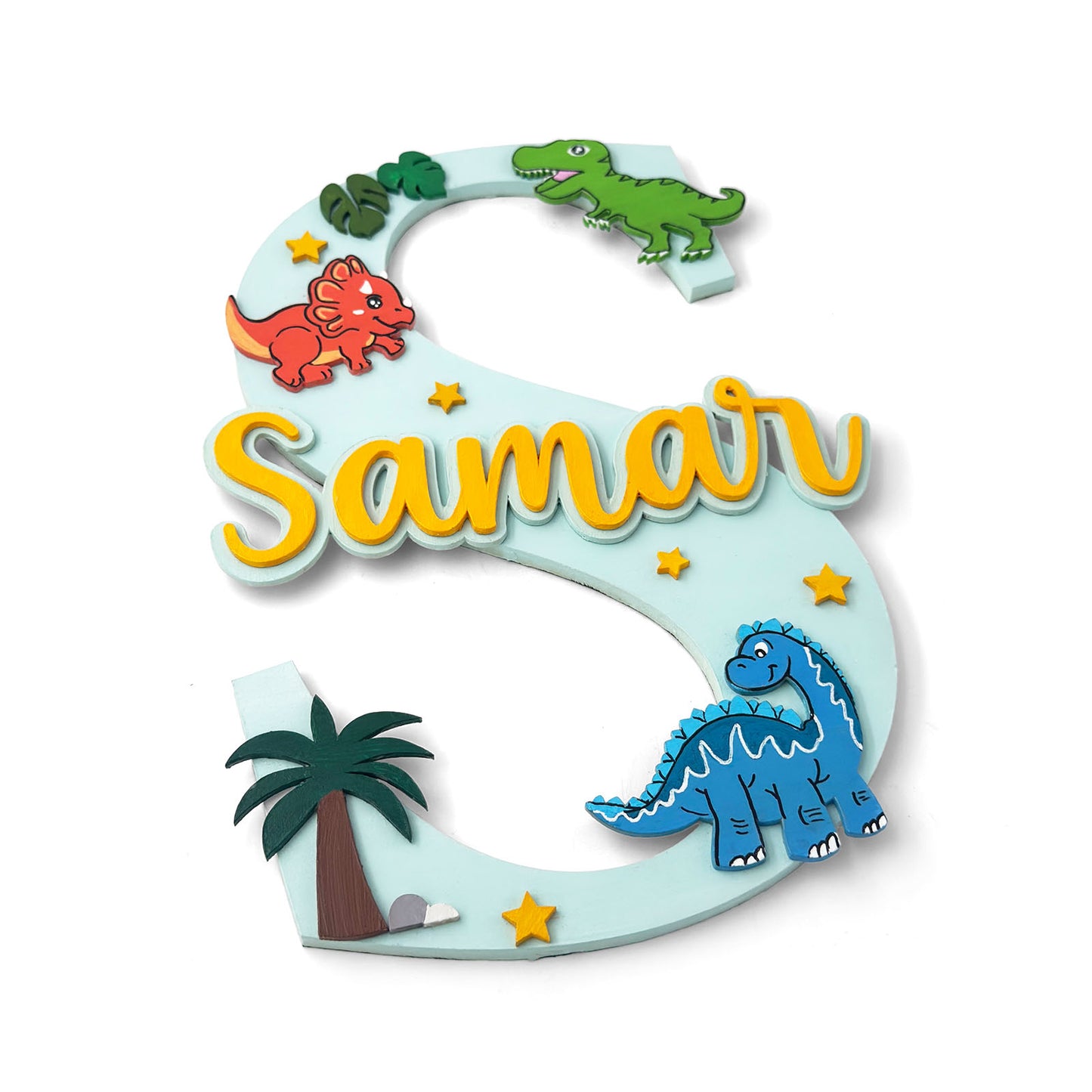 Dinosaur Themed Layered Alphabet Initial Hand-Painted Wooden Kids Name Plate Design 1