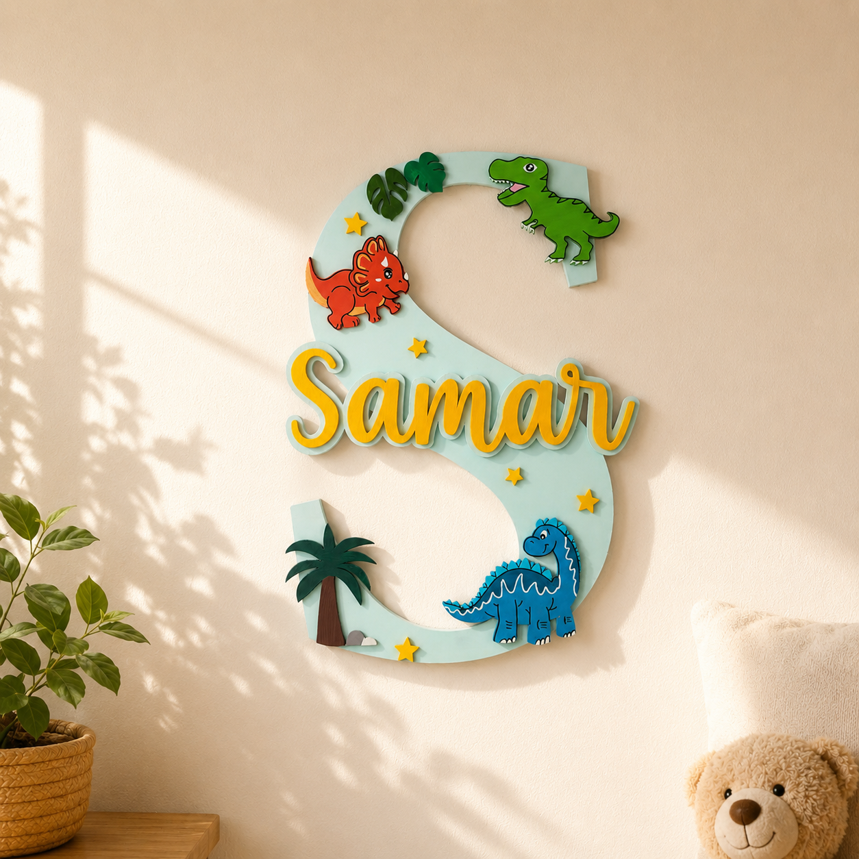 Dinosaur Themed Layered Alphabet Initial Hand-Painted Wooden Kids Name Plate Design 1