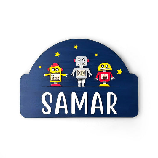 Robot Themed Hand-Painted Wooden Arch-Shaped Kids Name Plate