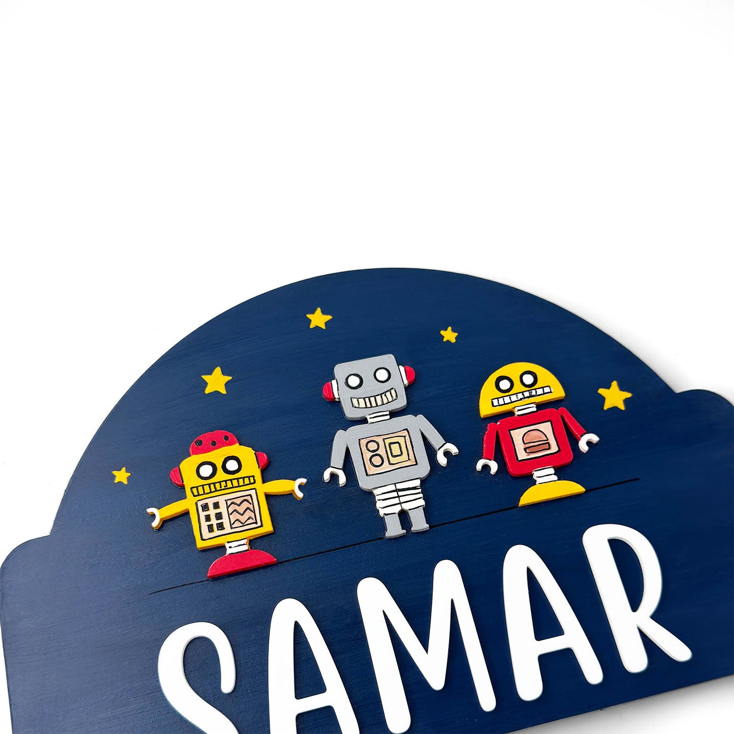 Robot Themed Hand-Painted Wooden Arch-Shaped Kids Name Plate