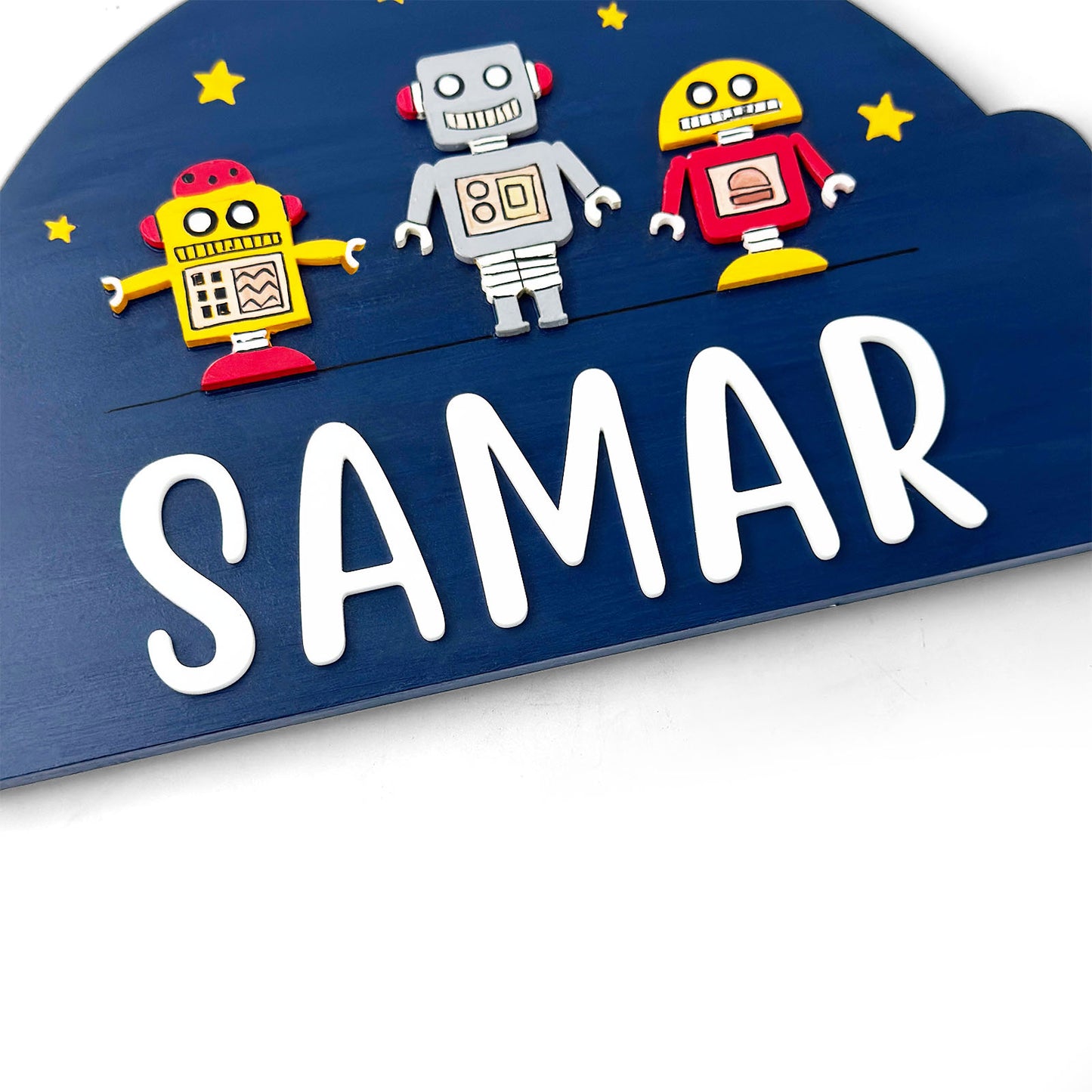 Robot Themed Hand-Painted Wooden Arch-Shaped Kids Name Plate