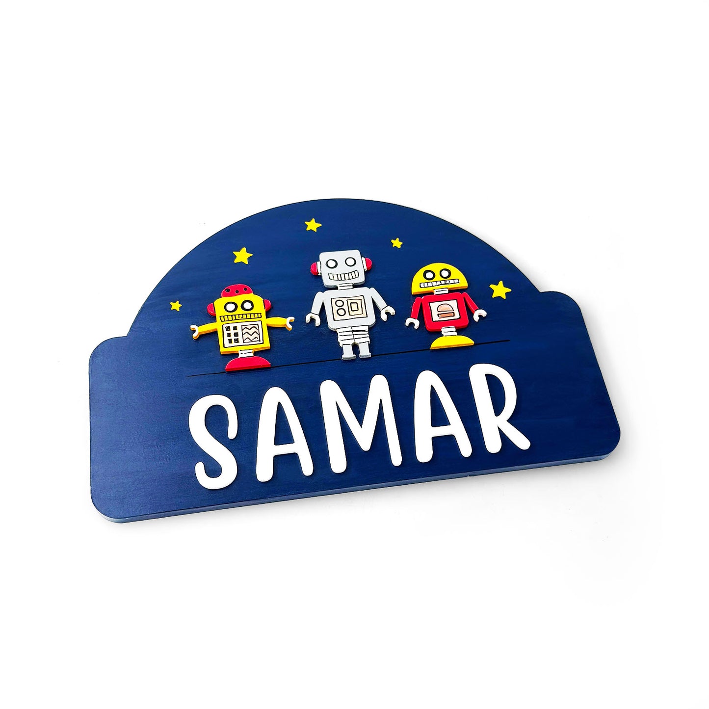 Robot Themed Hand-Painted Wooden Arch-Shaped Kids Name Plate