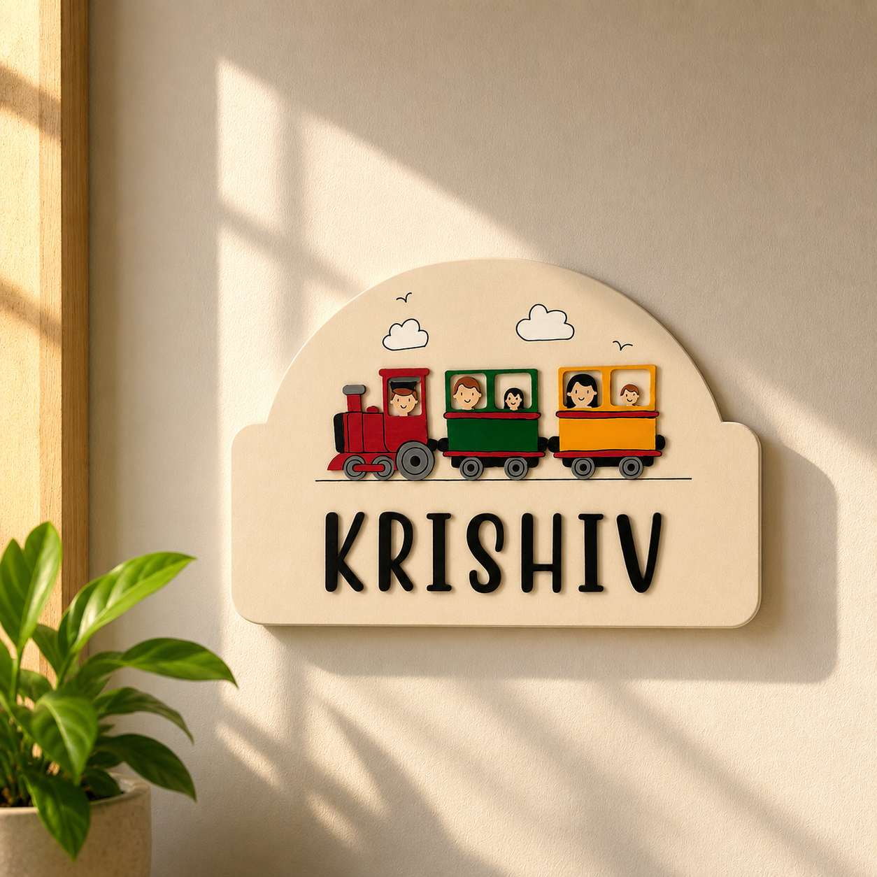 Train Themed Hand-Painted Wooden Arch-Shaped Kids Name Plate
