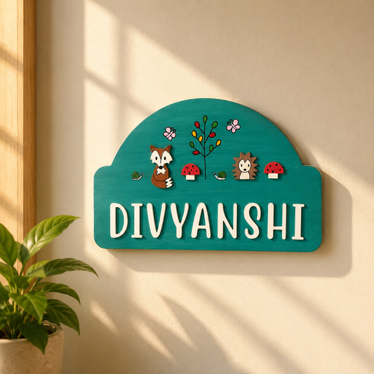 Woodland Animals Themed Hand-Painted Wooden Arch-Shaped Kids Name Plate