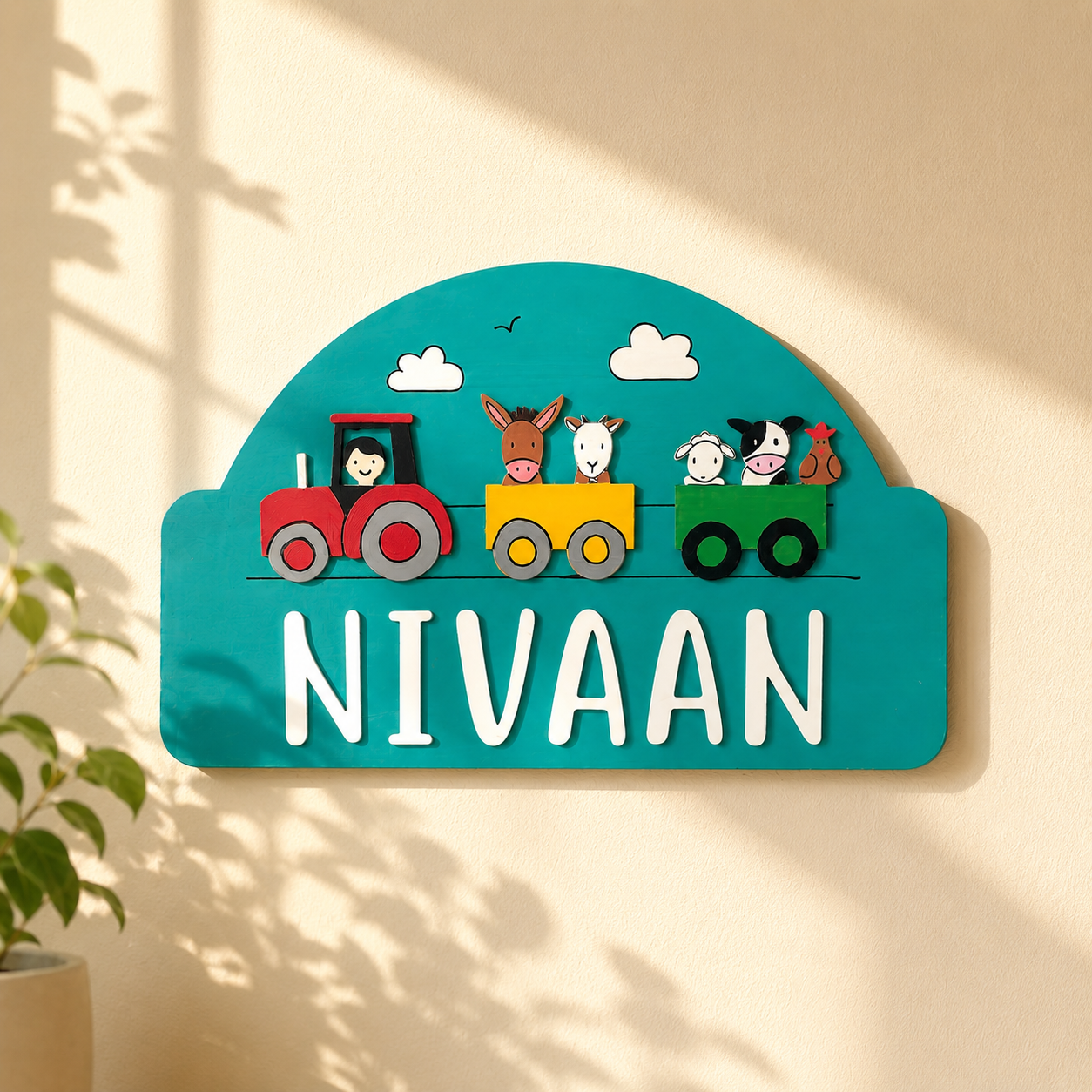 Farm Animals Themed Hand-Painted Wooden Arch-Shaped Kids Name Plate