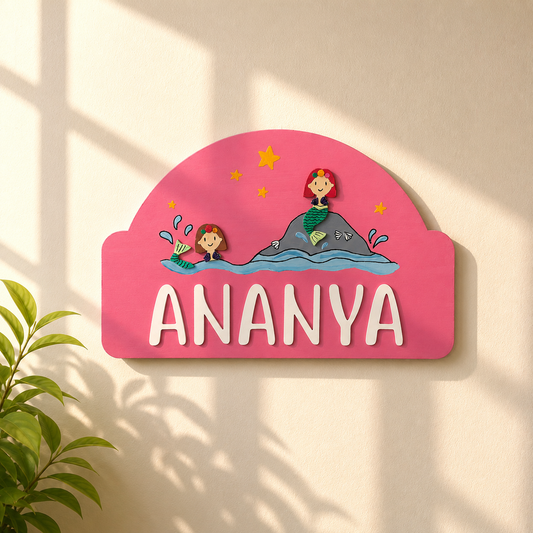 Mermaid Themed Hand-Painted Wooden Arch-Shaped Kids Name Plate