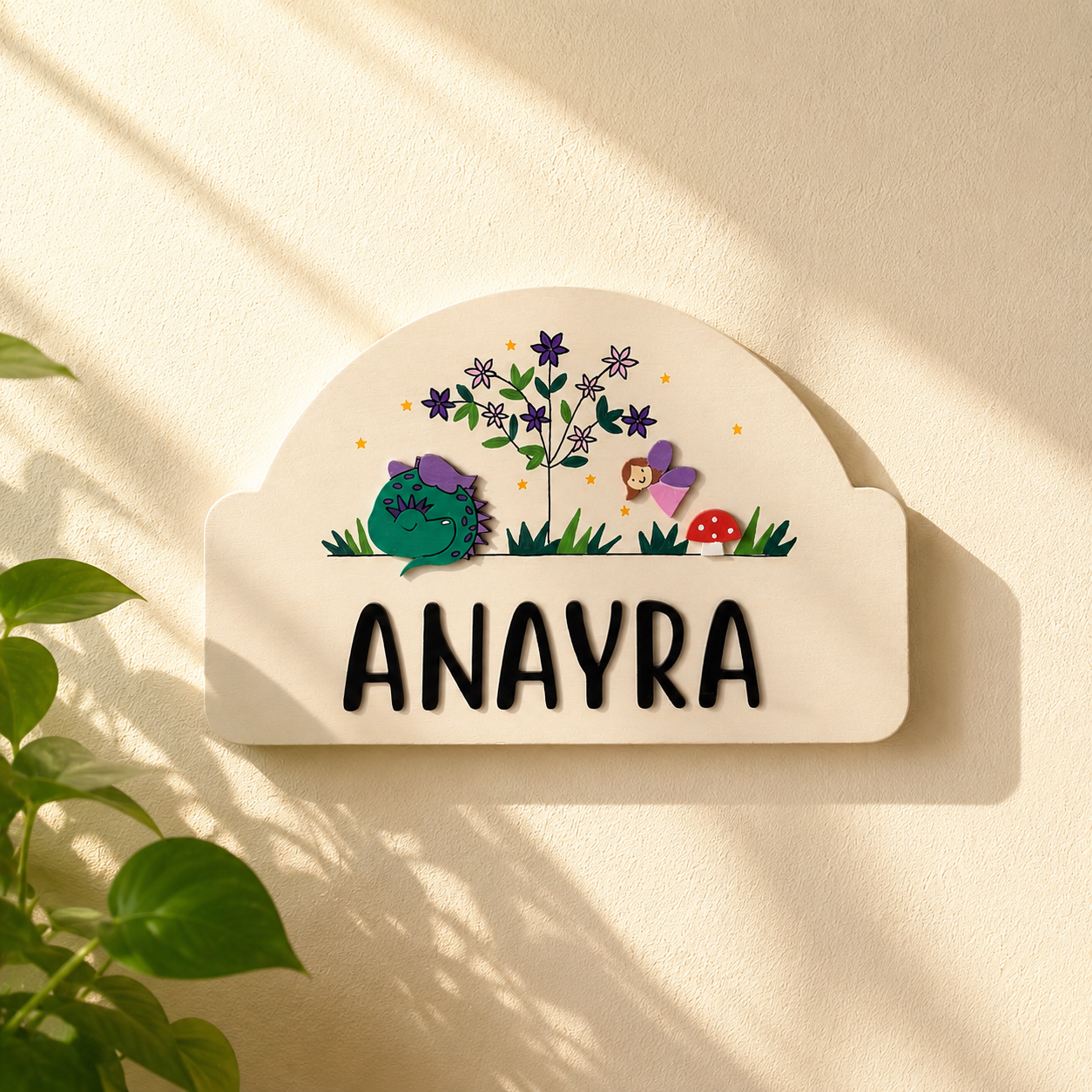 Enchanted Forest Themed Hand-Painted Wooden Arch-Shaped Kids Name Plate