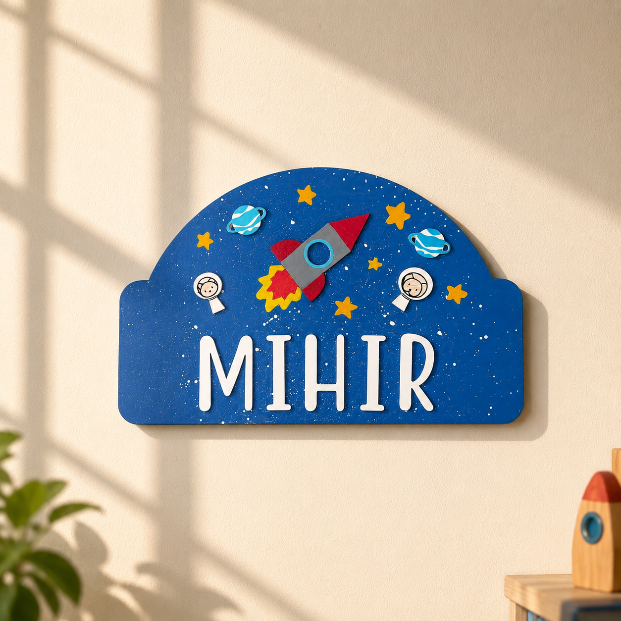 Space Themed Hand-Painted Wooden Arch-Shaped Kids Name Plate - Design 2