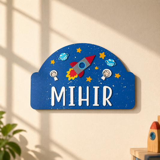 Space Themed Hand-Painted Wooden Arch-Shaped Kids Name Plate - Design 2