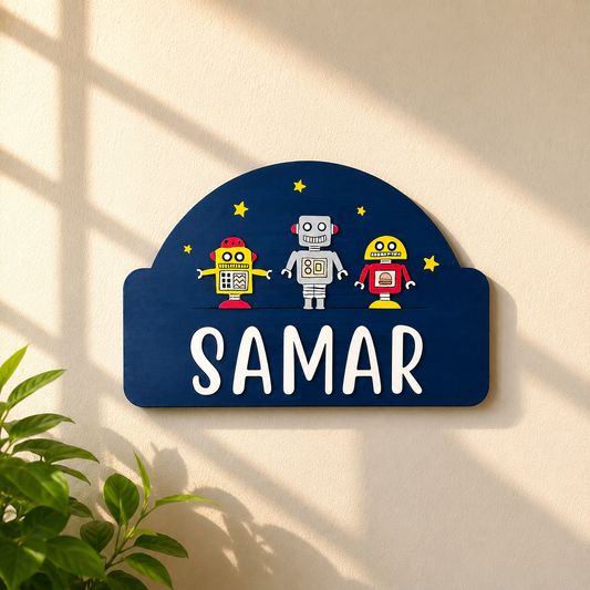 Robot Themed Hand-Painted Wooden Arch-Shaped Kids Name Plate