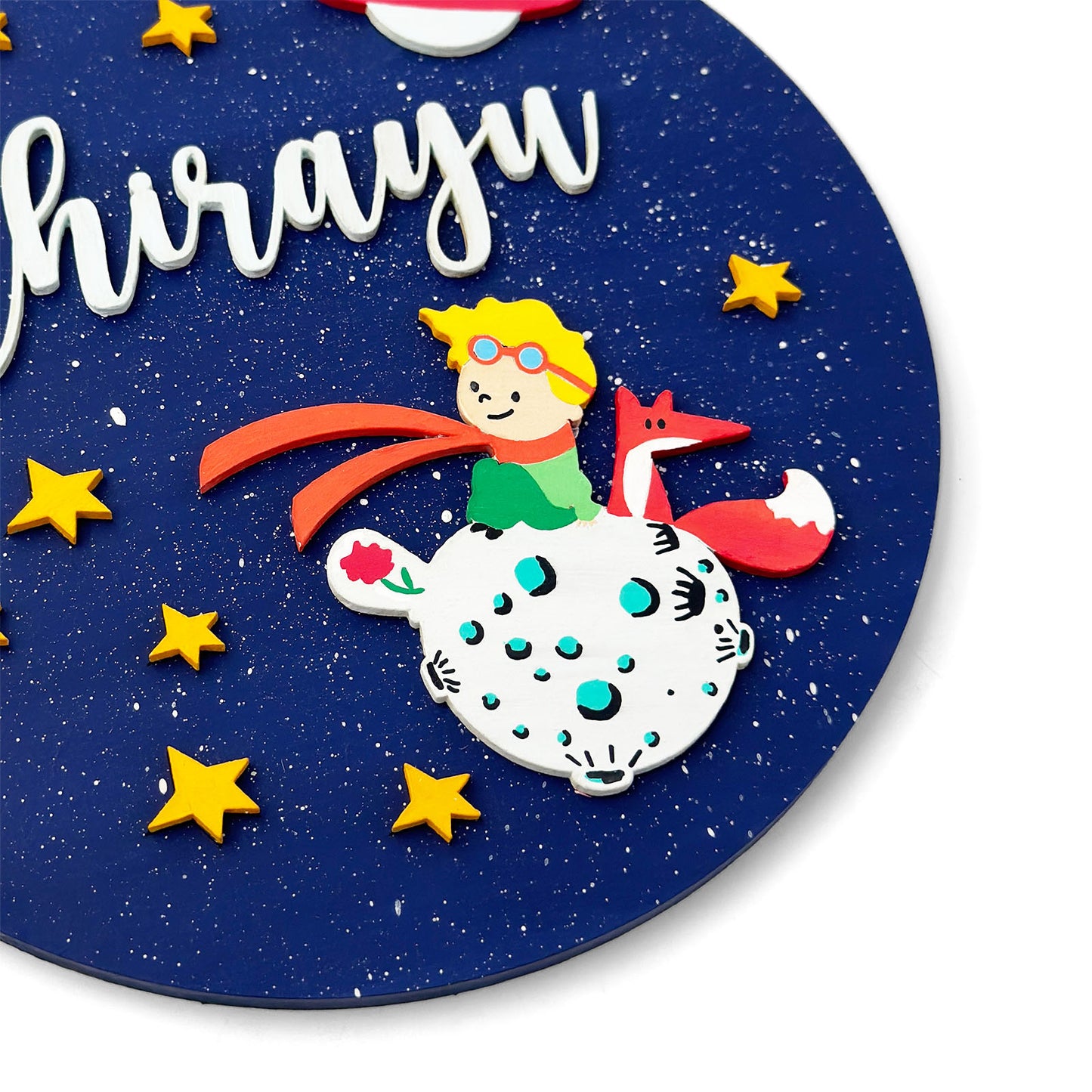 Space Themed Hand-Painted Wooden Round Kids Name Plate - Design 4