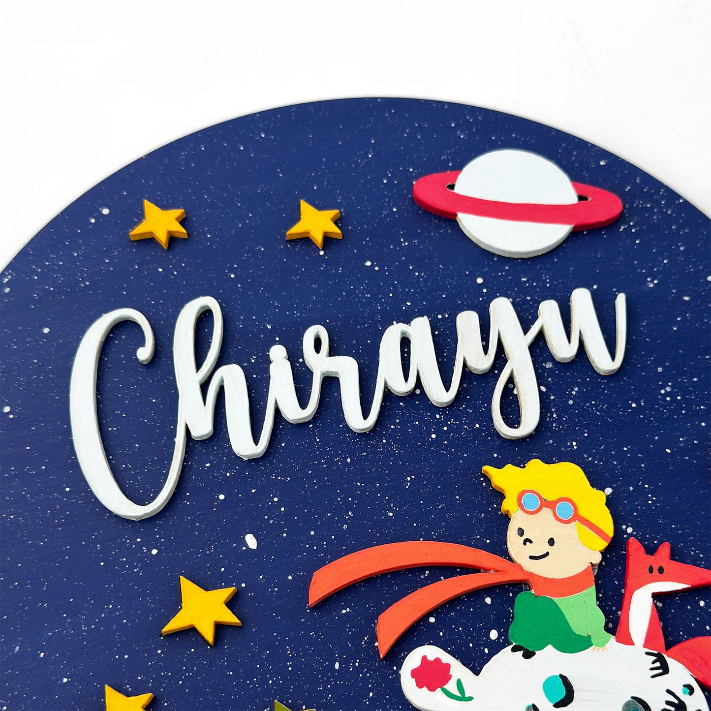 Space Themed Hand-Painted Wooden Round Kids Name Plate - Design 4