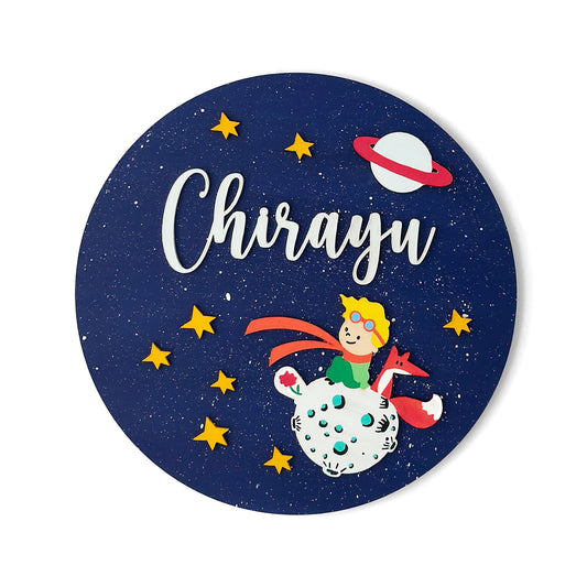 Space Themed Hand-Painted Wooden Round Kids Name Plate - Design 4
