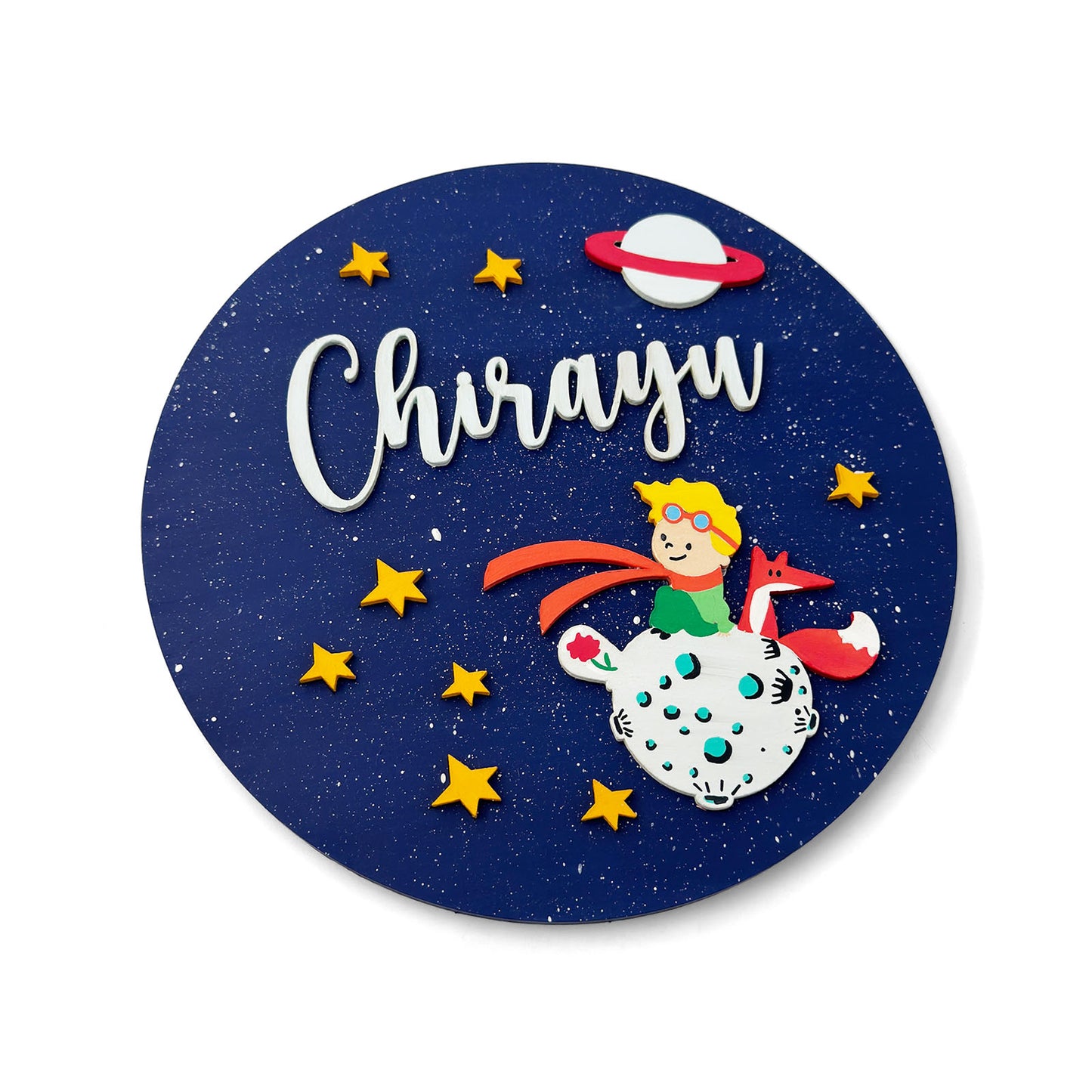 Space Themed Hand-Painted Wooden Round Kids Name Plate - Design 4