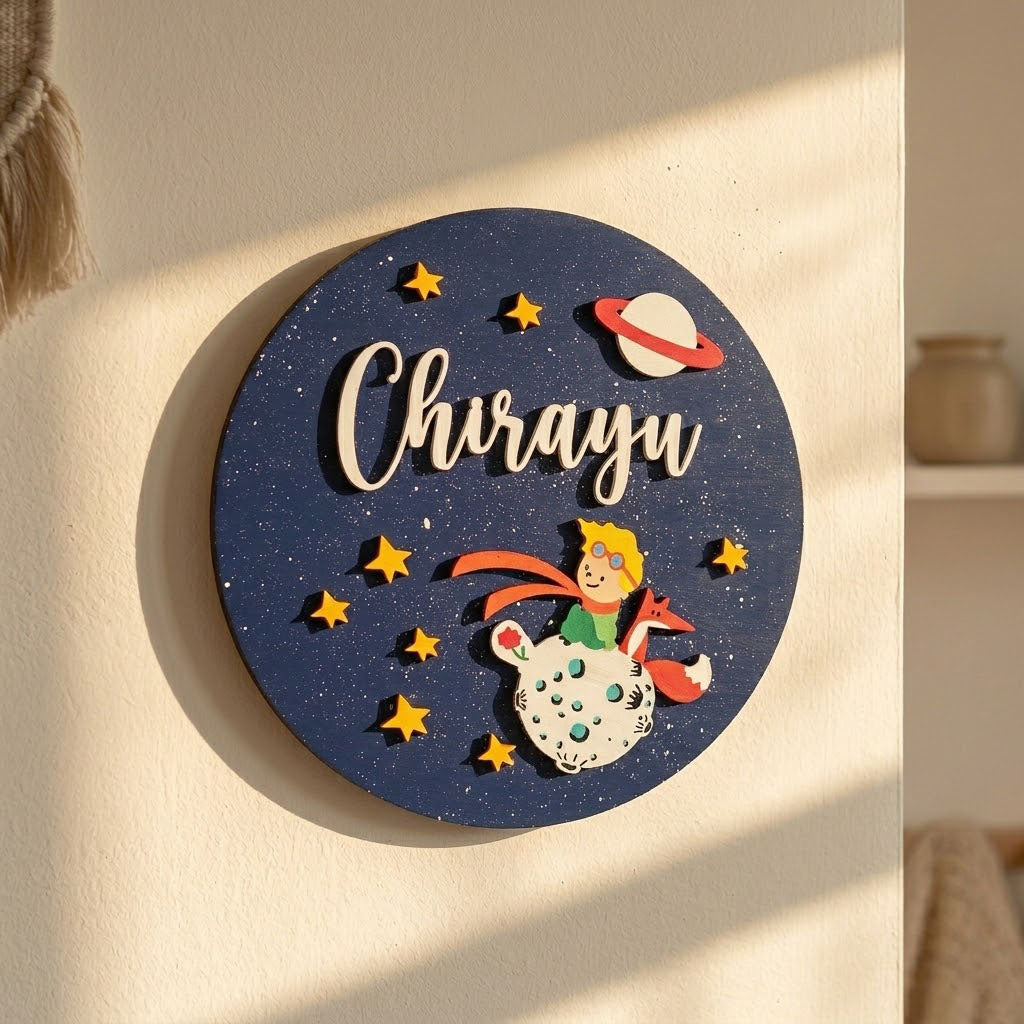 Space Themed Hand-Painted Wooden Round Kids Name Plate - Design 4