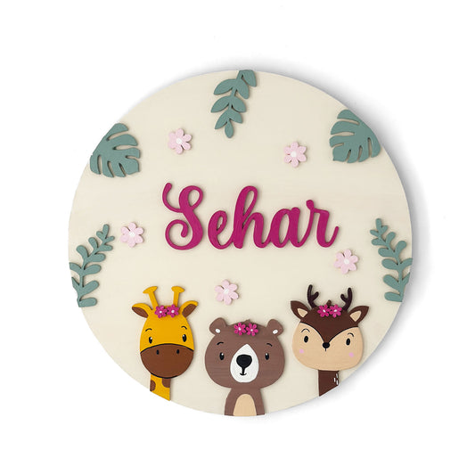 Animal Themed Hand-Painted Wooden Round Kids Name Plate - Design 5