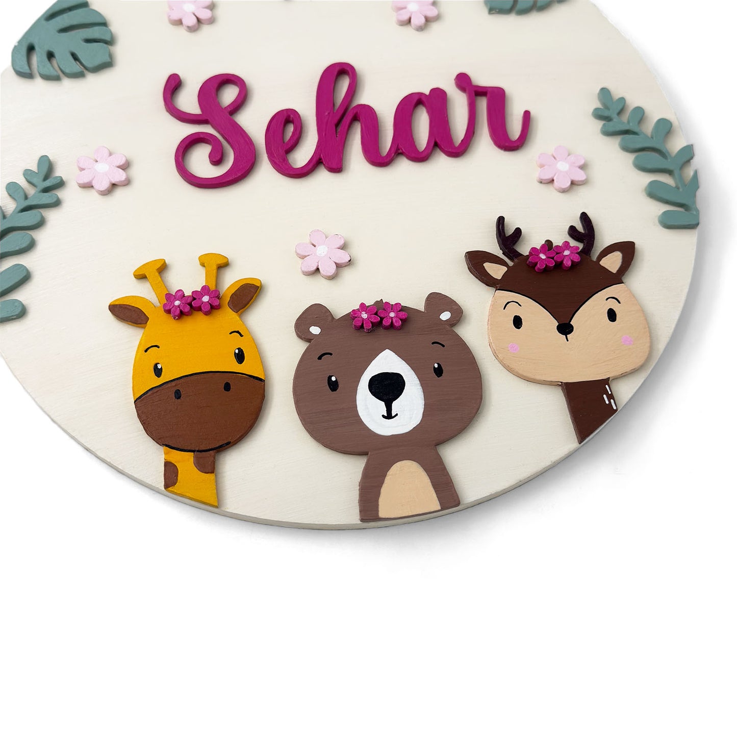Animal Themed Hand-Painted Wooden Round Kids Name Plate - Design 5