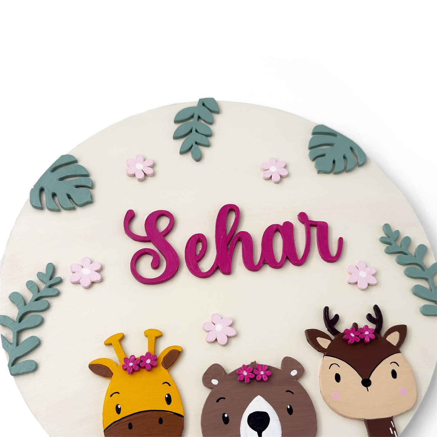Animal Themed Hand-Painted Wooden Round Kids Name Plate - Design 5