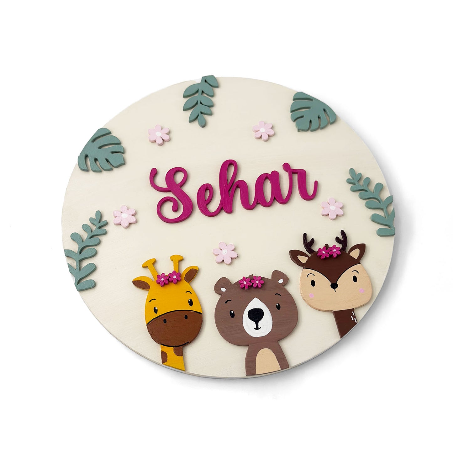 Animal Themed Hand-Painted Wooden Round Kids Name Plate - Design 5