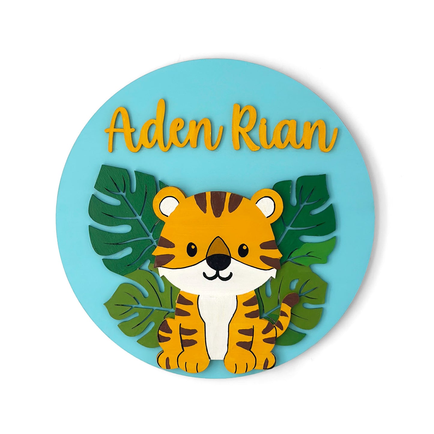 Tiger Themed Hand-Painted Wooden Round Kids Name Plate - Design 1