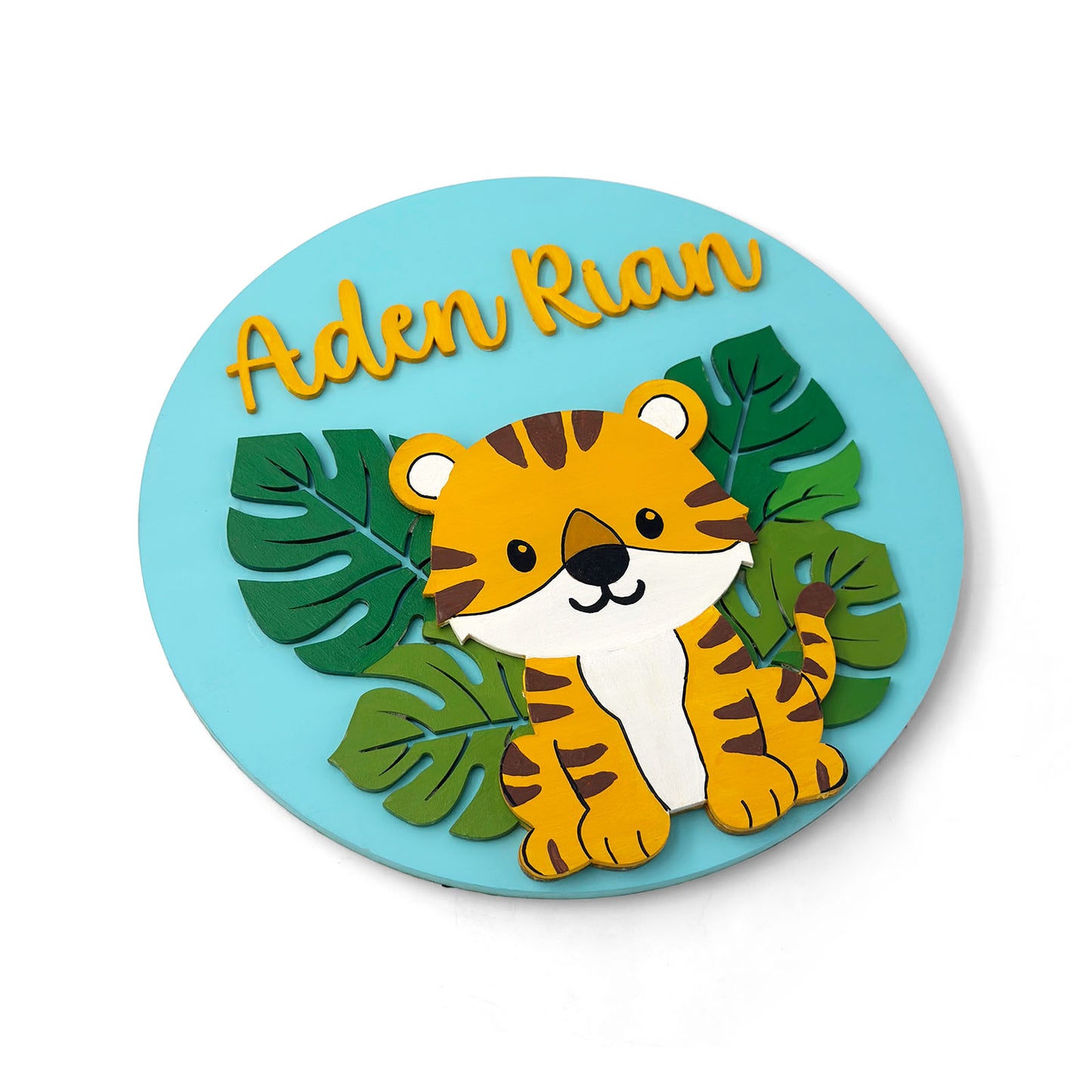 Tiger Themed Hand-Painted Wooden Round Kids Name Plate - Design 1