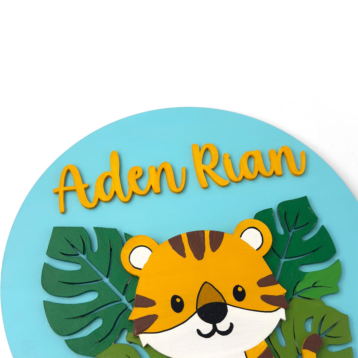 Tiger Themed Hand-Painted Wooden Round Kids Name Plate - Design 1