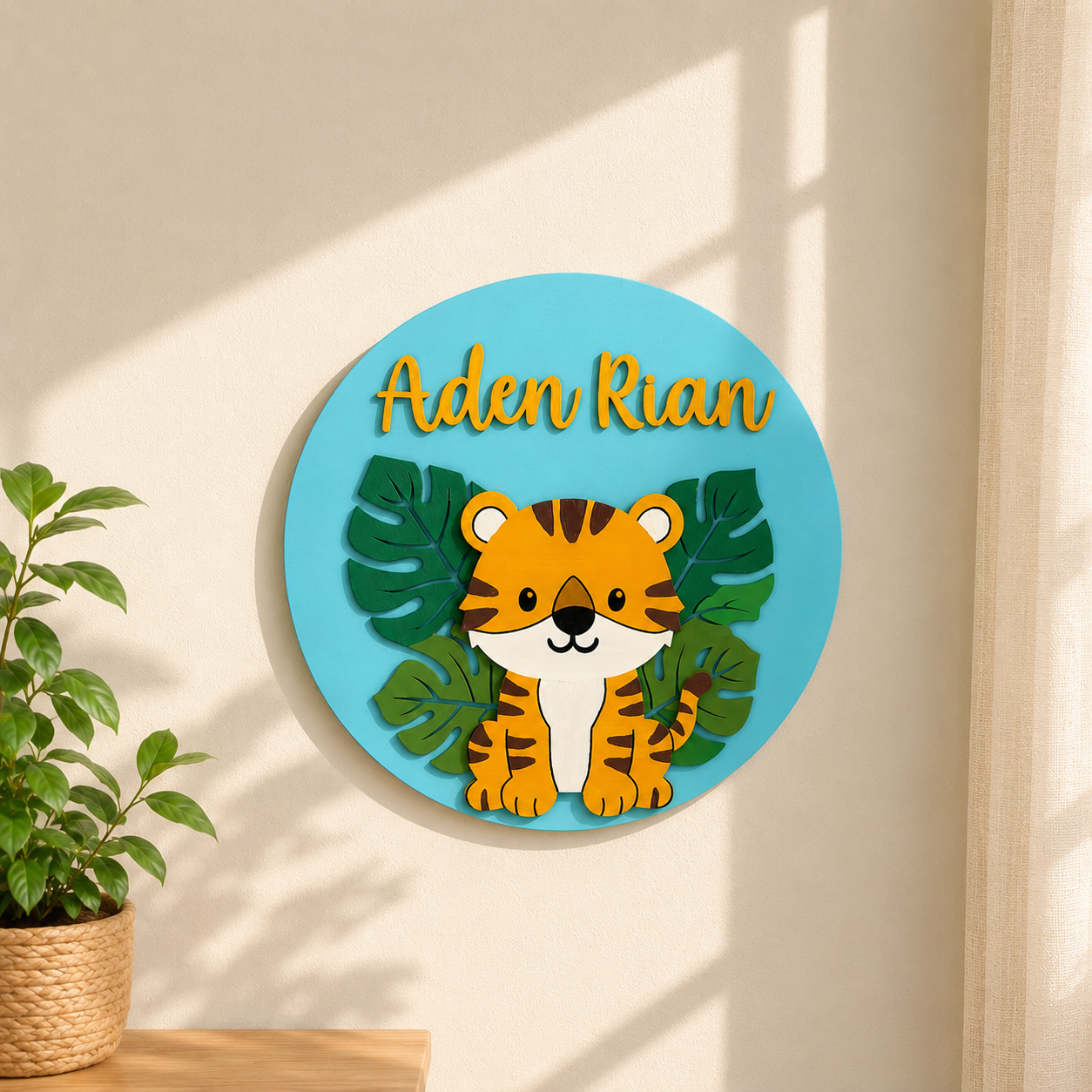 Tiger Themed Hand-Painted Wooden Round Kids Name Plate - Design 1
