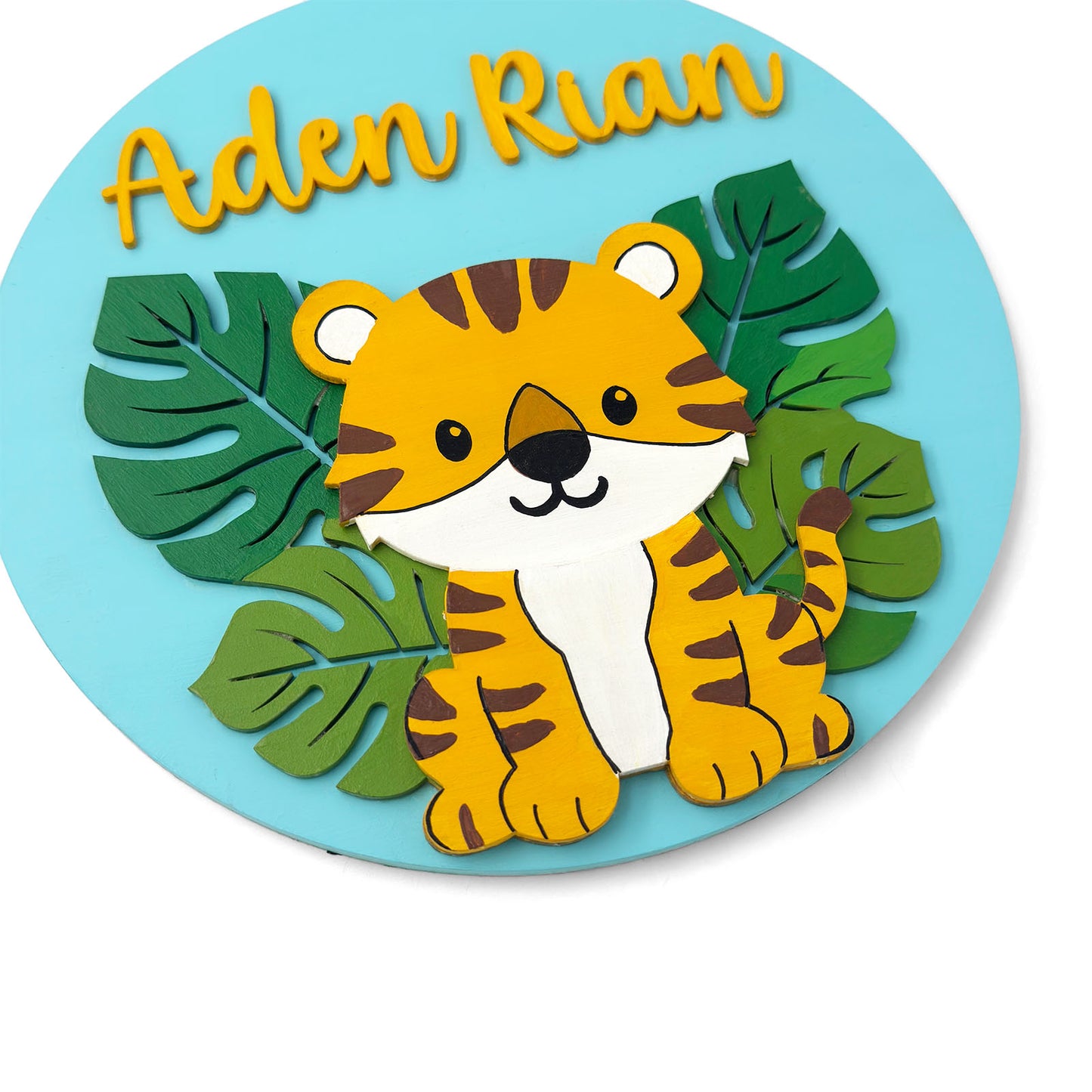 Tiger Themed Hand-Painted Wooden Round Kids Name Plate - Design 1