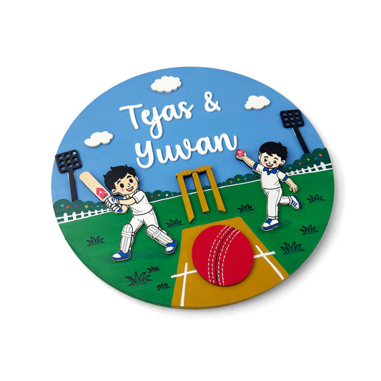 Cricket Themed Hand-Painted Wooden Round Kids Name Plate - Design 2