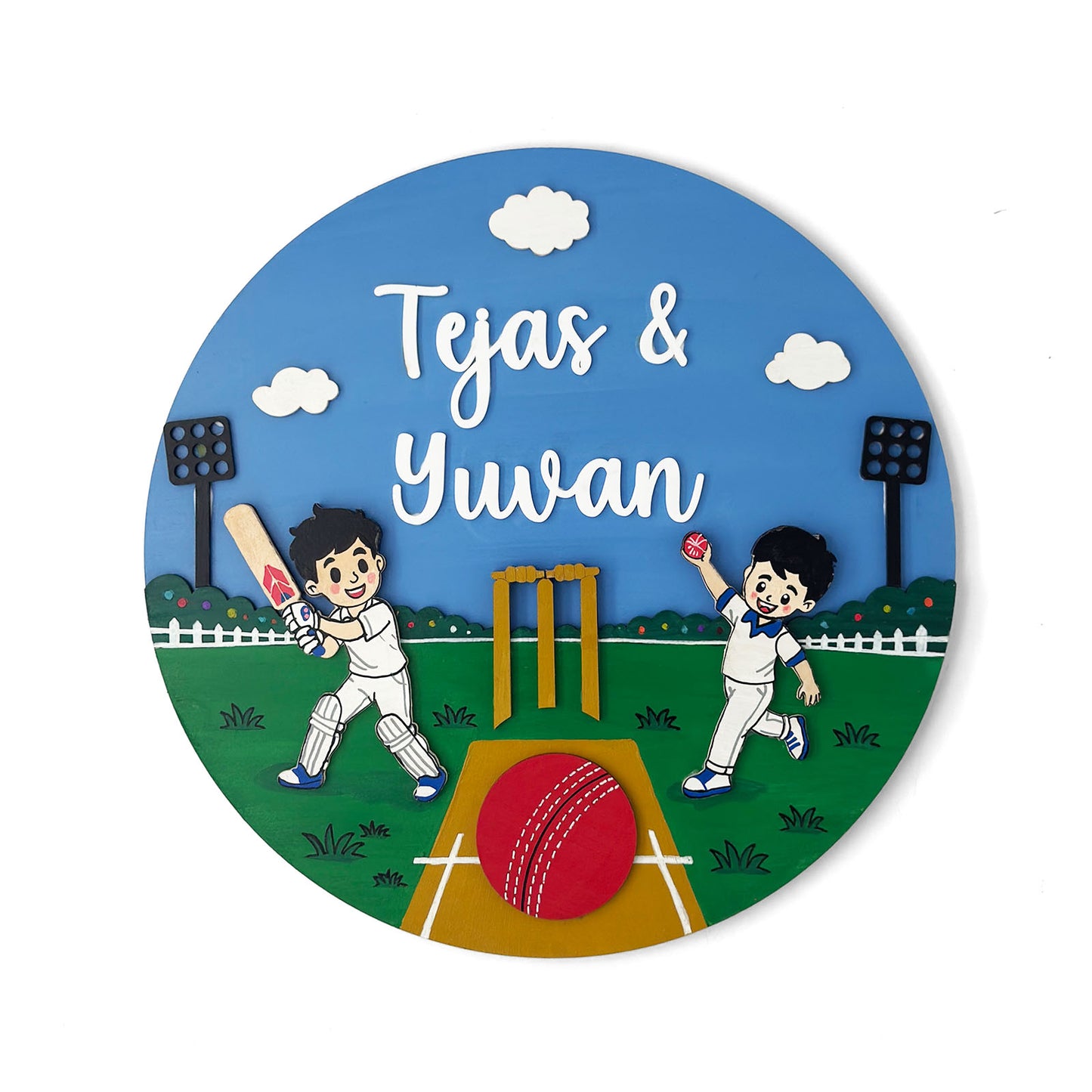 Cricket Themed Hand-Painted Wooden Round Kids Name Plate - Design 2