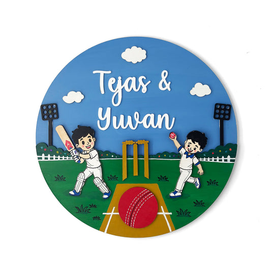Cricket Themed Hand-Painted Wooden Round Kids Name Plate - Design 2