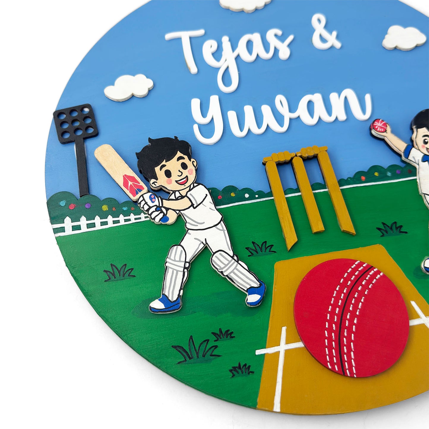 Cricket Themed Hand-Painted Wooden Round Kids Name Plate - Design 2