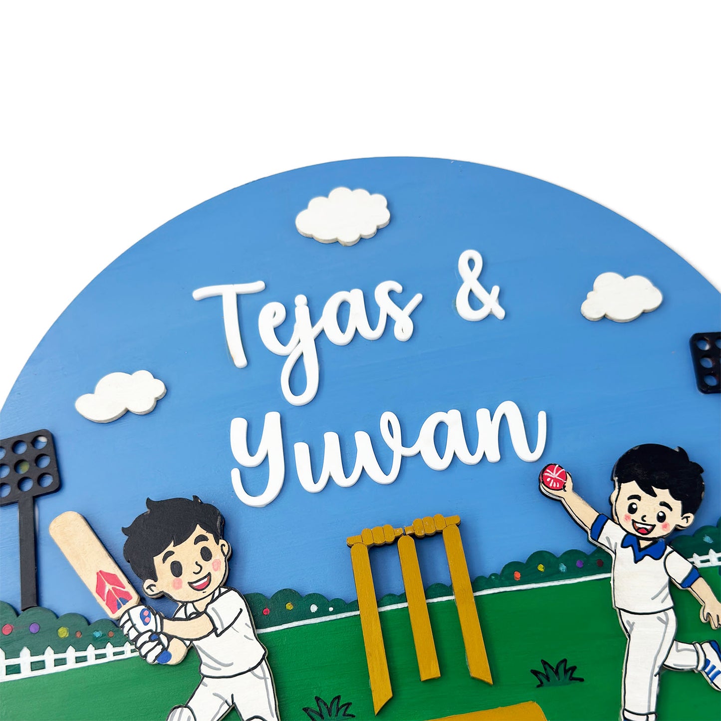 Cricket Themed Hand-Painted Wooden Round Kids Name Plate - Design 2