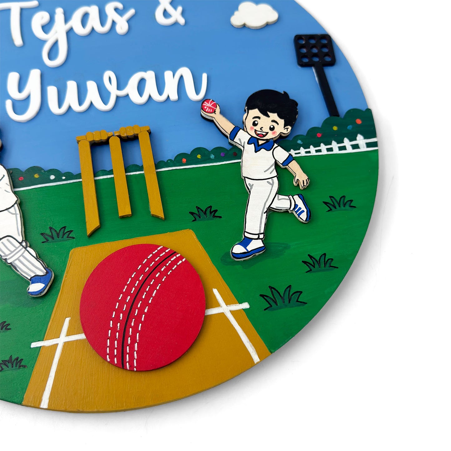 Cricket Themed Hand-Painted Wooden Round Kids Name Plate - Design 2