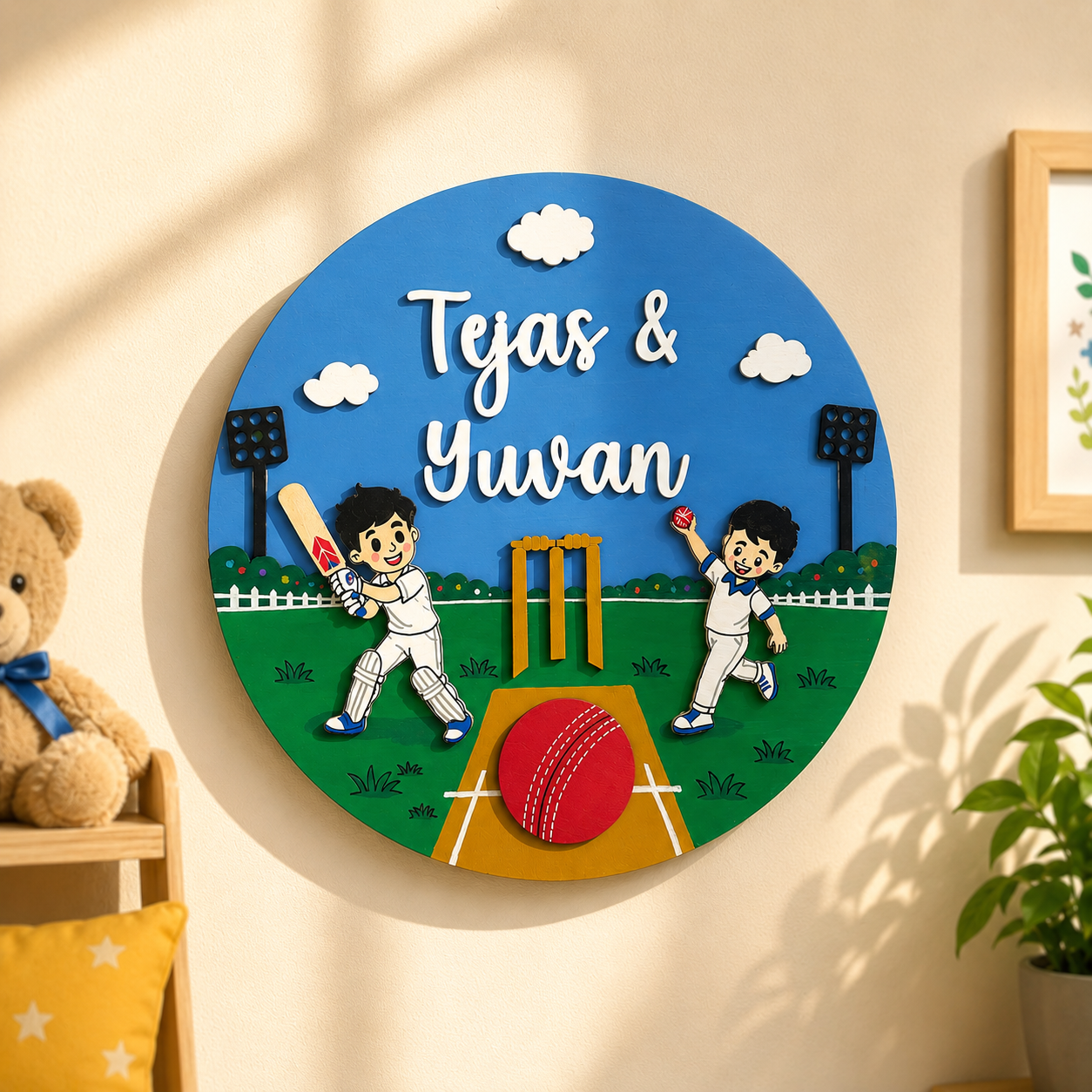 Cricket Themed Hand-Painted Wooden Round Kids Name Plate - Design 2