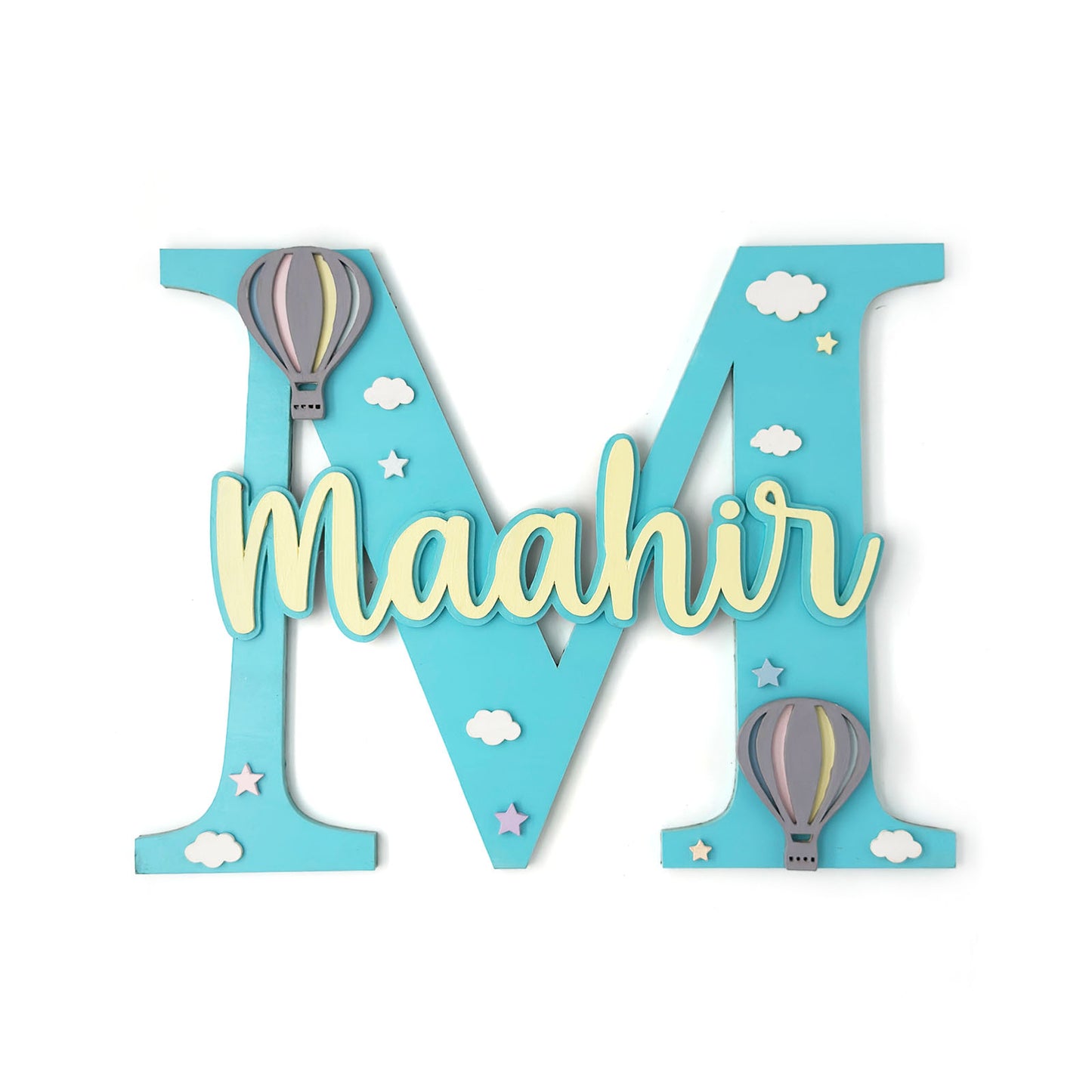 Hot Air Balloon Themed Layered Alphabet Initial Hand-Painted Wooden Kids Name Plate Design 1