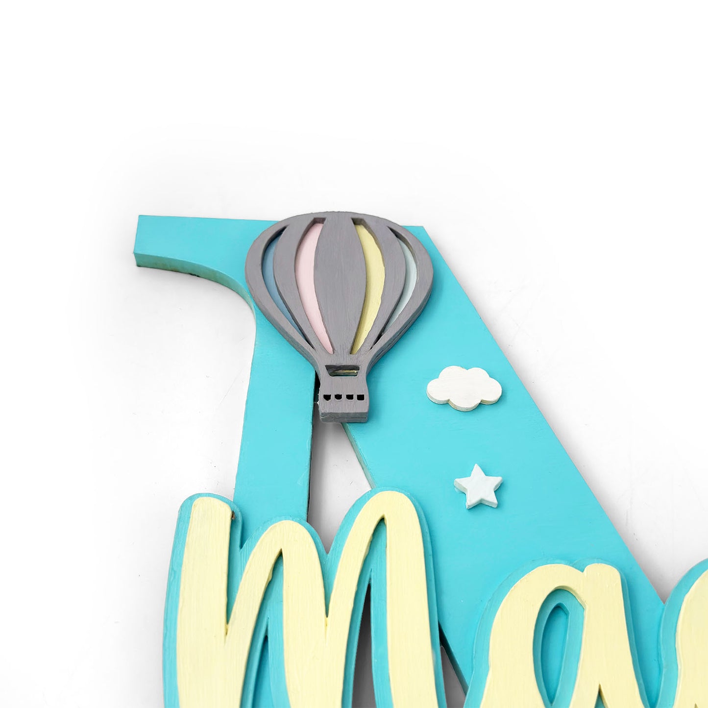 Hot Air Balloon Themed Layered Alphabet Initial Hand-Painted Wooden Kids Name Plate Design 1