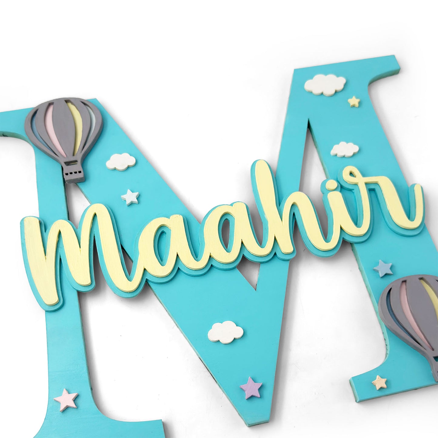 Hot Air Balloon Themed Layered Alphabet Initial Hand-Painted Wooden Kids Name Plate Design 1