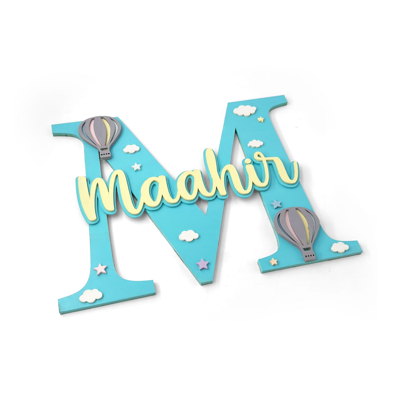 Hot Air Balloon Themed Layered Alphabet Initial Hand-Painted Wooden Kids Name Plate Design 1