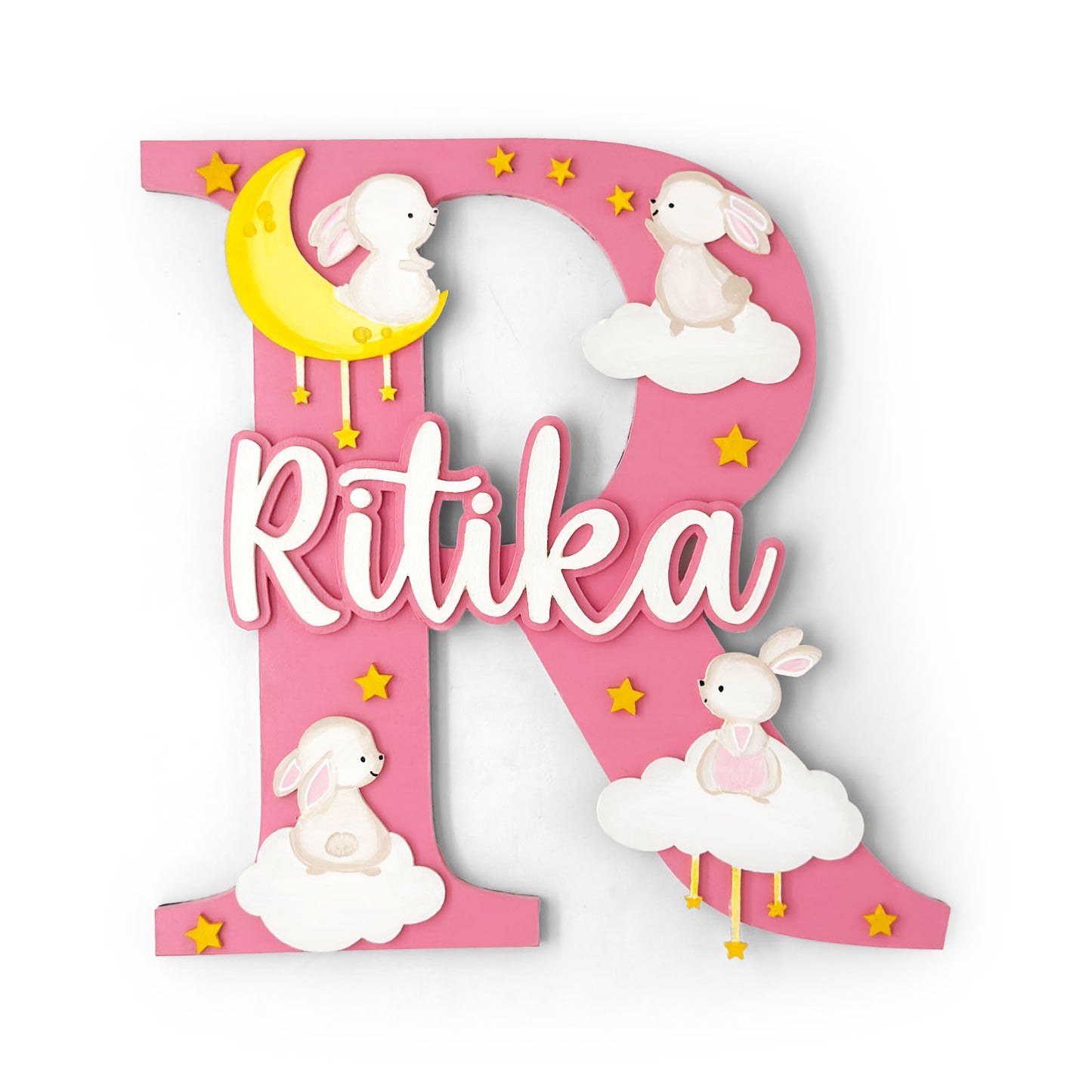 Rabbit Themed Layered Alphabet Initial Hand-Painted Wooden Kids Name Plate Design 1