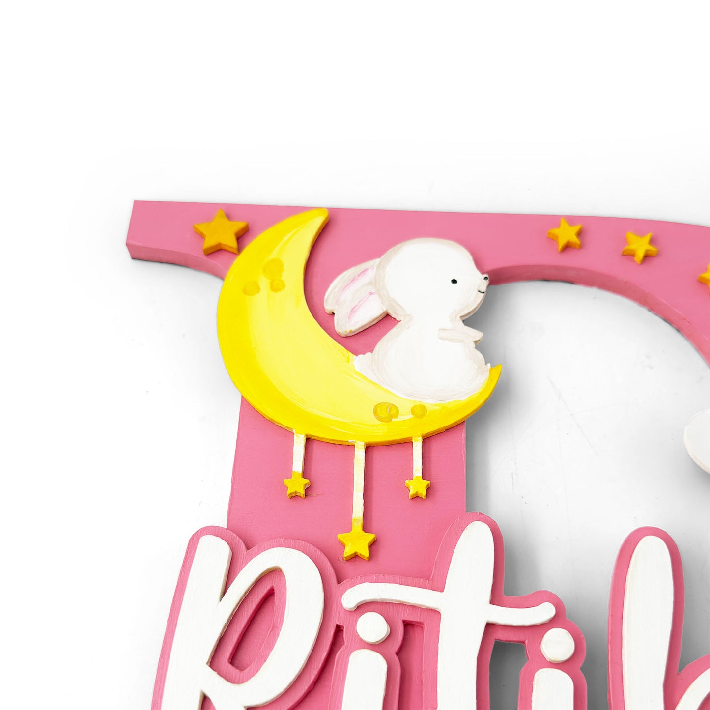Rabbit Themed Layered Alphabet Initial Hand-Painted Wooden Kids Name Plate Design 1