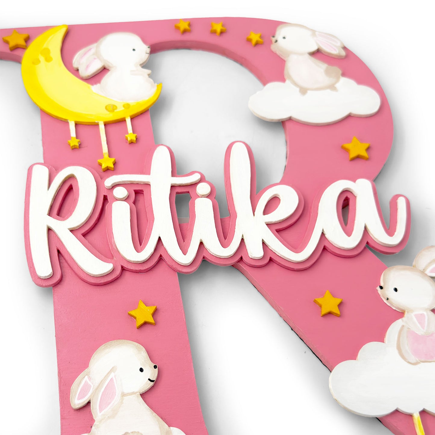 Rabbit Themed Layered Alphabet Initial Hand-Painted Wooden Kids Name Plate Design 1