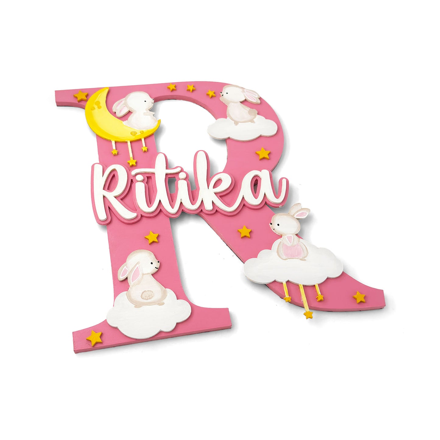 Rabbit Themed Layered Alphabet Initial Hand-Painted Wooden Kids Name Plate Design 1