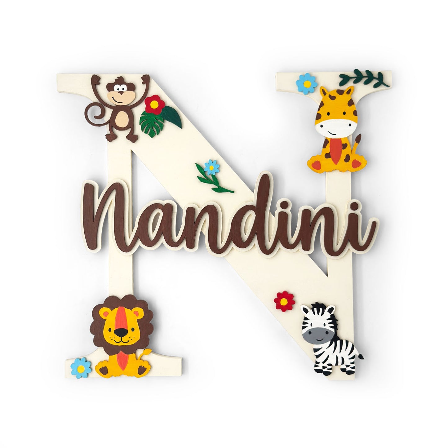 Animal Themed Layered Alphabet Initial Hand-Painted Wooden Kids Name Plate Design 2