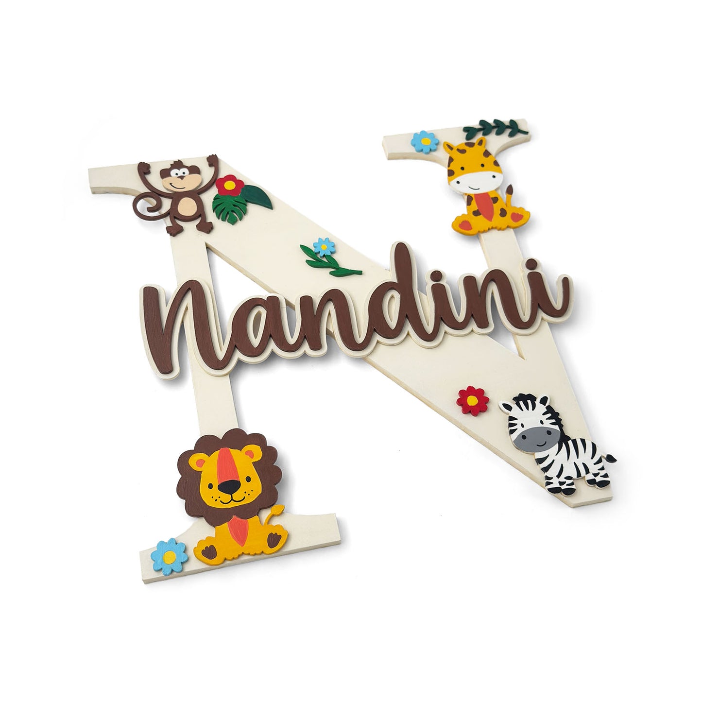 Animal Themed Layered Alphabet Initial Hand-Painted Wooden Kids Name Plate Design 2