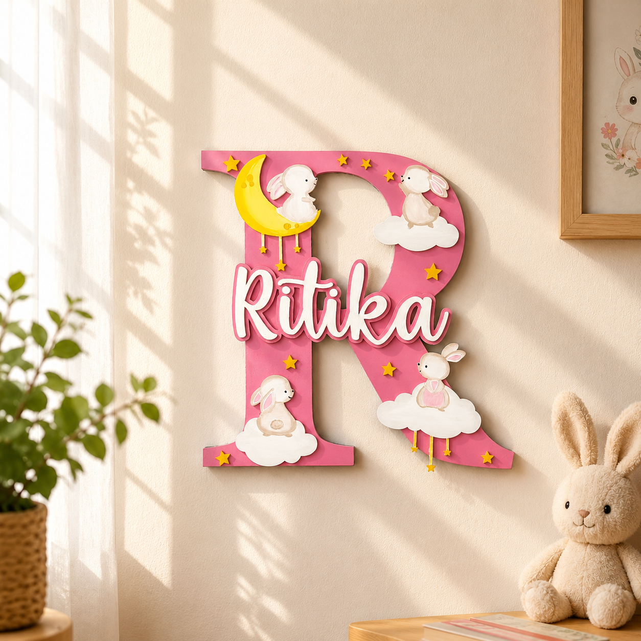 Rabbit Themed Layered Alphabet Initial Hand-Painted Wooden Kids Name Plate Design 1