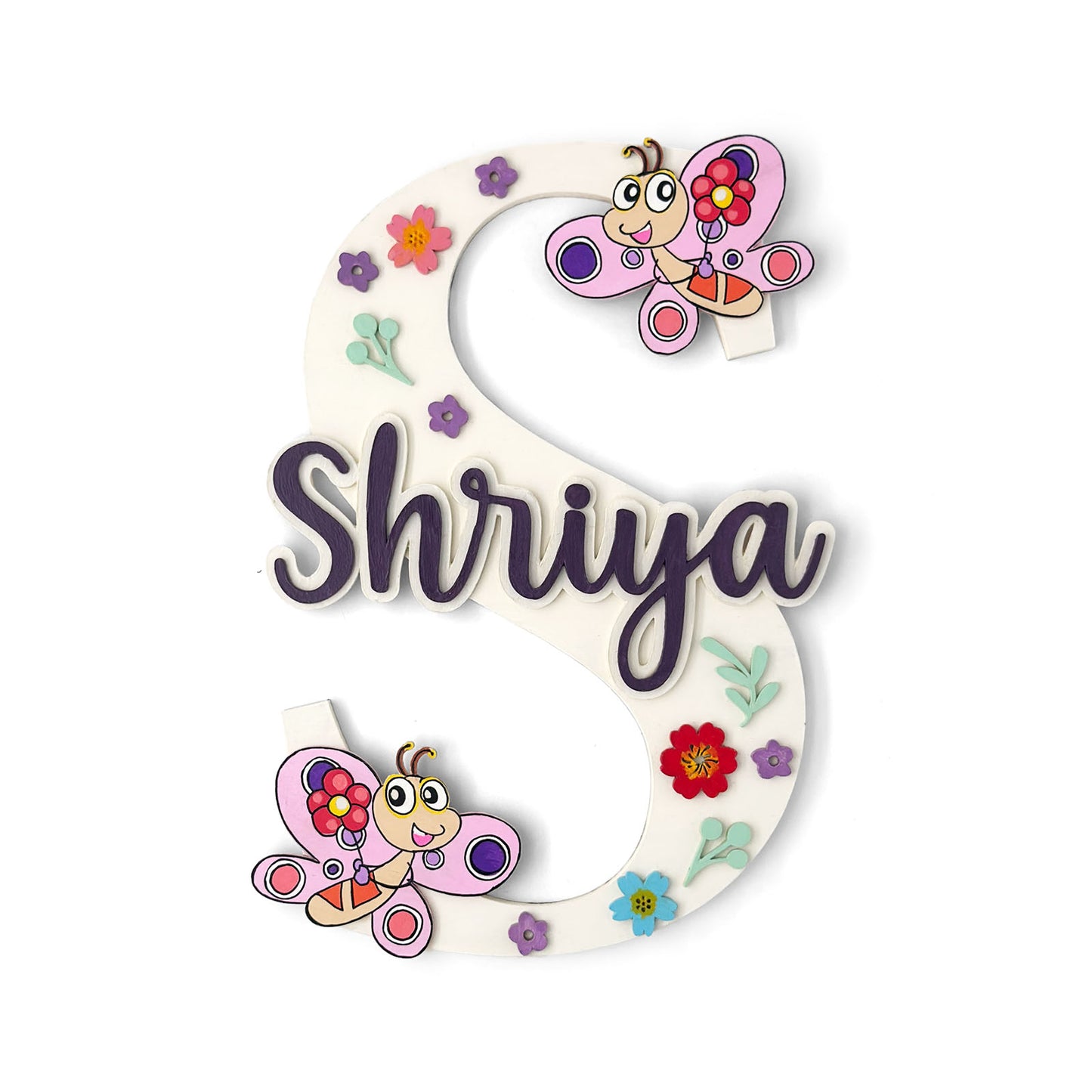 Butterfly Themed Layered Alphabet Initial Hand-Painted Wooden Kids Name Plate Design 1