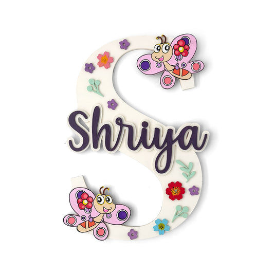 Butterfly Themed Layered Alphabet Initial Hand-Painted Wooden Kids Name Plate Design 1