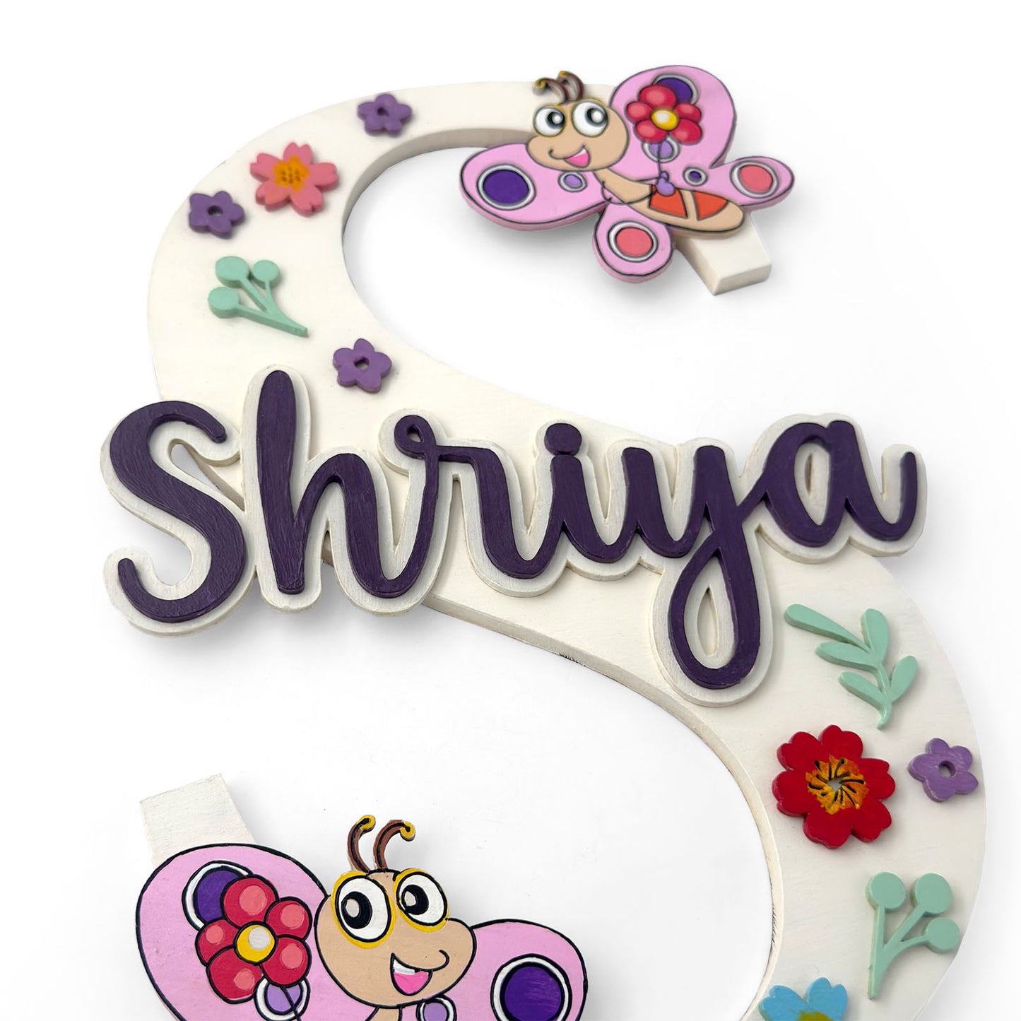 Butterfly Themed Layered Alphabet Initial Hand-Painted Wooden Kids Name Plate Design 1
